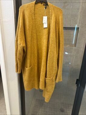 Eileen Fisher Open-Front Mustard Yellow Cozy Cardigan